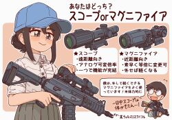Rule 34 | 1boy, 1girl, absurdres, arrow (symbol), assault rifle, baseball cap, black hair, blue headwear, blush, bocchi-ya-nawi, brown background, buttons, check translation, closed mouth, collared shirt, commentary, cowboy shot, dress shirt, facing viewer, flying sweatdrops, galil ace, glasses, grey eyes, grey shirt, grey skirt, gun, hat, highres, holding, holding gun, holding weapon, looking at object, looking down, mayu-chan (bocchi-ya-nawi), opaque glasses, original, pleated skirt, rifle, round eyewear, scope, shirt, short sleeves, sidelocks, skirt, sleeves rolled up, solo focus, star (symbol), thick eyebrows, translation request, trigger discipline, two-tone background, upper body, wavy mouth, weapon, white background, white shirt