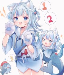 Rule 34 | 1girl, animal costume, animal ears, bloop (gawr gura), blue eyes, blue hair, blunt bangs, blush, cat, cat ears, fins, fish tail, gawr gura, gawr gura (1st costume), grey hair, hair ornament, highres, hololive, hololive english, looking at viewer, medium hair, multicolored hair, open mouth, shark, shark costume, shark girl, shark hair ornament, shark tail, sidelocks, solo, streaked hair, tail, two side up, virtual youtuber, wata ramune