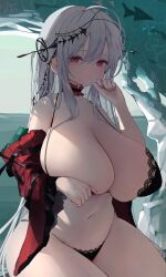 Rule 34 | 1girl, absurdres, alternate breast size, arknights, bbolalus, black bra, black panties, bra, breasts, choker, closed mouth, detached sleeves, frilled choker, frills, grey hair, hair between eyes, hair ornament, highres, huge breasts, lace, lace-trimmed bra, lace trim, long hair, looking at viewer, navel, official alternate costume, panties, red choker, red eyes, red sleeves, sitting, skadi (arknights), skadi the corrupting heart (arknights), solo, thighs, underwear, white hair