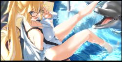 Rule 34 | 1girl, bare shoulders, blonde hair, blue eyes, blush, breasts, competition swimsuit, dolphin, fate/grand order, fate (series), glasses, hair between eyes, jacket, jeanne d&#039;arc (fate), jeanne d&#039;arc (ruler) (fate), jeanne d&#039;arc (swimsuit archer) (fate), jeanne d&#039;arc (swimsuit archer) (second ascension) (fate), large breasts, legs, long hair, looking at viewer, off shoulder, one-piece swimsuit, open clothes, open jacket, open mouth, ponytail, smile, solo, swimsuit, thighs, tsuuhan, very long hair, water, whistle, whistle around neck, white jacket, white one-piece swimsuit