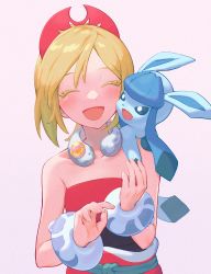 Rule 34 | 1girl, :d, absurdres, blonde hair, blush, bracelet, closed eyes, collar, collarbone, colored eyelashes, commentary request, creatures (company), game freak, gen 4 pokemon, glaceon, hairband, happy, highres, irida (pokemon), jewelry, medium hair, minato (haexxxmint), nintendo, on shoulder, open mouth, pokemon, pokemon (creature), pokemon legends: arceus, pokemon on shoulder, red hairband, red shirt, shirt, simple background, smile, strapless, strapless shirt, tongue, upper body, white background