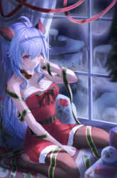 Rule 34 | 1girl, bare shoulders, bell, belt, belt buckle, black pantyhose, blue hair, blush, box, breasts, buckle, christmas, christmas present, cleavage, closed mouth, commentary request, crystal, dress, full moon, fur-trimmed dress, fur trim, ganyu (genshin impact), genshin impact, gift, gift box, hair between eyes, highres, horns, indoors, long hair, looking at viewer, medium breasts, moon, multicolored ribbon, neck bell, no shoes, orb, pantyhose, purple hair, red dress, revision, ribbon, room, sack, sitting, slime nyang, smile, snow globe, striped ribbon, wariza, window