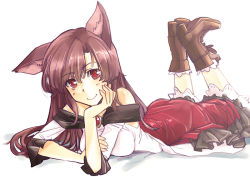 Rule 34 | 1girl, animal ears, ass, bare shoulders, boots, breasts, brooch, brown hair, dress, feet up, frilled dress, frills, hand on own face, imaizumi kagerou, jewelry, long hair, looking at viewer, lying, no tail, numany, red dress, red eyes, simple background, smile, socks, solo, touhou, white background, white socks, wolf ears