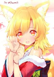 Rule 34 | 1girl, animal ear fluff, animal ears, bad id, bad twitter id, bare shoulders, blonde hair, blush, dated, fox ears, fox tail, heart, hutaba akane, japanese clothes, long hair, looking at viewer, nanashin naomi, open mouth, original, paw pose, red eyes, smile, solo, tail, twitter username