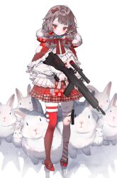 Rule 34 | 1girl, absurdres, bandaid, bandaid on leg, blood, bow, brown hair, capelet, center frills, closed mouth, commentary, cuts, earrings, frilled capelet, frilled skirt, frills, full body, fur-trimmed hood, fur trim, gun, hair bow, head tilt, heart, heart earrings, high heels, highres, holding, holding gun, holding weapon, hood, hood down, injury, jewelry, karo (karohroka), long sleeves, looking at viewer, medium hair, original, rabbit, red bow, red eyes, red footwear, red skirt, red theme, red thighhighs, reflective floor, single thighhigh, skirt, solo, symbol-only commentary, thighhighs, too many, too many rabbits, weapon, weapon request