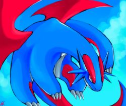 Rule 34 | blue sky, claws, cloud, cloudy sky, commentary, creatures (company), dated, flying, full body, game freak, gen 3 pokemon, looking at viewer, nintendo, no humans, outdoors, pokemon, pokemon (creature), pokemon rse, red eyes, rock-bomber, salamence, signature, sky, solo, tail, wings