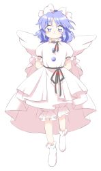 Rule 34 | 1girl, arms behind back, bloomers, blue eyes, blue hair, bow, closed mouth, dress, full body, hair bow, highres, light blue hair, looking at viewer, mai (touhou), nonamejd, official style, puffy short sleeves, puffy sleeves, short hair, short sleeves, simple background, smile, socks, solo, touhou, touhou (pc-98), underwear, white background, white bloomers, white bow, white dress, white socks, white wings, wings, zun (style)