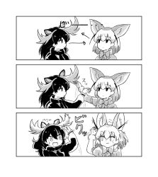 Rule 34 | 10s, 2girls, :3, animal ears, antlers, blonde hair, bow, bowtie, brown hair, closed mouth, comic, fennec (kemono friends), flying sweatdrops, fox ears, fur trim, greyscale, hand on another&#039;s head, horns, kemono friends, long hair, monochrome, moose (kemono friends), moose ears, multiple girls, open mouth, puffy short sleeves, puffy sleeves, rumenia (ao2is), scarf, short hair, short sleeves, silent comic, speed lines, sweatdrop, sweater, translation request