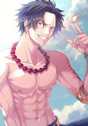 1boy abs arm_tattoo belt black_hair black_shorts bracelet cloud danbat_miho elbow_pads fire freckles highres jewelry looking_at_viewer male_focus necklace one_piece pearl_necklace portgas_d._ace shorts signature single_elbow_pad sky smile solo tattoo topless_male