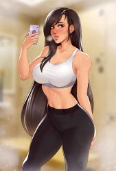 Rule 34 | 1girl, black pants, breasts, breath, brown hair, cellphone, collarbone, covered navel, crop top, dangle earrings, earrings, final fantasy, final fantasy vii, final fantasy vii remake, jewelry, large breasts, long hair, looking at viewer, midriff, navel, open mouth, pants, phone, red eyes, shirt, sienna artwork, skin tight, sleeveless, sleeveless shirt, solo, square enix, sweat, swept bangs, tank top, tifa lockhart, tight clothes, tight pants, white tank top, yoga pants