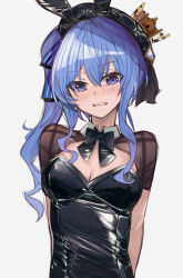 Rule 34 | 1girl, animal ears, appleseed (appleseed art), black leotard, blue eyes, blue hair, blush, breasts, cleavage, collar, crown, detached collar, fake animal ears, highres, hololive, hoshimachi suisei, leotard, long hair, looking at viewer, playboy bunny, side ponytail, small breasts, solo, star (symbol), star in eye, symbol in eye, virtual youtuber, white background, white collar