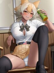 Rule 34 | 1girl, american flag, animal ears, belt, black bow, black bowtie, black footwear, black thighhighs, blonde hair, blush, bottle, bow, bowtie, breasts, button gap, chair, classroom, commentary, covered erect nipples, coyote (kemono friends), deku suke, desk, dress shirt, extra ears, gradient background, grin, hair between eyes, highres, holding, holding bottle, indoors, kemono friends, kemono friends v project, large breasts, looking at viewer, miniskirt, no bra, orange eyes, panties, pantyshot, plastic bottle, pleated skirt, school chair, school desk, shirt, shoes, short hair, short sleeves, signature, sitting, skirt, smile, solo, spread legs, tented shirt, thighhighs, underwear, white hair, white panties, white shirt, wing collar, wolf ears, yellow skirt