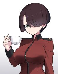 Rule 34 | 1girl, amogan, breasts, brown hair, commentary request, cup, earrings, frown, girls und panzer, green eyes, hair over one eye, holding, holding cup, jacket, jewelry, large breasts, red jacket, short hair, solo, st. gloriana&#039;s military uniform, stud earrings, teacup, upper body, vanilla (girls und panzer)