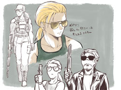 Rule 34 | 2boys, belt, boots, collarbone, facial hair, full body, gloves, green shirt, gun, handgun, hat, holding, holding gun, holding weapon, kazuhira miller, looking to the side, low ponytail, male focus, metal gear (series), metal gear solid, multiple boys, multiple views, partially colored, pistol, ponytail, prosthesis, prosthetic arm, serious, shirt, sodayabp, stubble, sunglasses, tank top, upper body, venom snake, walking, weapon