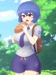Rule 34 | 1girl, amane (senran kagura), backpack, bag, blue hair, blue sky, blush, bread, breast pocket, breasts, brown bag, cheese, cloud, collar, collared shirt, cosplay, creatures (company), crossover, crumbs, day, eating, food, food bite, food on face, game freak, grey shirt, hair ornament, hairpin, holding, holding food, large breasts, lettuce, meat, multiple hairpins, necktie, nintendo, open mouth, outdoors, pants, plant, pocket, pokemon, pokemon sv, purple necktie, purple pants, purple shorts, red eyes, sandwich, school uniform, senran kagura, senran kagura new link, shiny skin, shirt, short hair, short sleeves, shorts, sky, solo, submarine sandwich, tomato, tomato slice, tree, uva academy (emblem), uva academy school uniform, white collar, zetsumu
