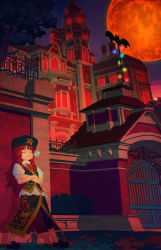 Rule 34 | 1girl, braid, building, castle, chinese clothes, crossed arms, female focus, full moon, gate, hat, hong meiling, long hair, long image, moon, night, nose bubble, red hair, red moon, scarlet devil mansion, sleeping, solo, tall image, touhou, twin braids, zounose