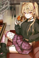 Rule 34 | 1girl, absurdres, blonde hair, burger, chain, chips (food), coca-cola, couch, desk, food, highres, hood, hooded jacket, jacket, looking at viewer, miniskirt, original, potato chips, purple hair, purple skirt, sitting, skirt, solo, twintails, ye jji