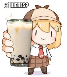 1girl blonde_hair brown_hat brown_skirt bubble_tea c: chibi commentary cup deerstalker english_commentary foreshortening glass hat here_some_choccy_milk_(meme) highres holding holding_cup hololive hololive_english impact_(font) looking_at_viewer meme moon_ldl necktie plaid_clothes plaid_skirt quieres?_(meme) red_necktie shirt simple_background skirt smile smol_ame solo spanish_text sparkle virtual_youtuber watson_amelia watson_amelia_(1st_costume) white_background white_shirt |_|