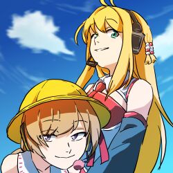 Rule 34 | 2girls, antenna hair, beads, blonde hair, blue sky, brown hair, cloud, collared shirt, commentary request, day, detached sleeves, green eyes, grin, hair beads, hair ornament, half-closed eyes, hat, headset, height difference, layered clothes, long hair, looking at viewer, looking down, multiple girls, necktie, open clothes, open shirt, outdoors, purple eyes, red necktie, school hat, shirt, sidelocks, sky, sleeveless, sleeveless shirt, smile, strapless, strapless shirt, tokono touhi, tsukuyomi ai, tsurumaki maki, voiceroid, white shirt