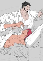 Rule 34 | 2boys, bara, bare pectorals, beard, closed eyes, couple, cup, dracule mihawk, drinking, drinking glass, facial hair, full beard, goatee stubble, haohaoci, highres, lap pillow, male focus, mature male, multiple boys, muscular, muscular male, mustache stubble, nipples, one piece, open clothes, open shirt, pectoral cleavage, pectorals, shanks (one piece), stubble, thick eyebrows, unfinished, wine glass, yaoi