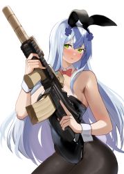 Rule 34 | 1girl, 1z10, absurdres, animal ears, assault rifle, bare shoulders, black leotard, blue hair, blush, bow, bowtie, breasts, cleavage, collarbone, cowboy shot, crossed bangs, detached sleeves, facial mark, fake animal ears, fake tail, full-face blush, girls&#039; frontline, green eyes, gun, h&amp;k hk416, hair between eyes, hair ornament, heckler &amp; koch, highleg, highleg leotard, highres, hk416 (girls&#039; frontline), leotard, light blue hair, long hair, open mouth, pantyhose, playboy bunny, rabbit ears, rabbit tail, red bow, red bowtie, rifle, shiny clothes, simple background, solo, tail, teardrop, teardrop facial mark, teardrop tattoo, weapon, white background, wide hips, wrist cuffs, x hair ornament