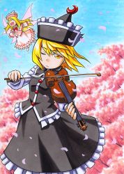 Rule 34 | 2girls, blonde hair, buttons, cherry blossoms, crescent, dress, female focus, flying, frills, hair wings, happy, hat, instrument, kawachi koorogi, lily white, long hair, lunasa prismriver, marker (medium), multiple girls, one eye closed, petals, touhou, traditional media, tree, violin, wings, wink, yellow eyes