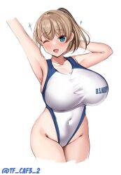 Rule 34 | 1girl, breasts, brown hair, competition swimsuit, cowboy shot, highres, huge breasts, intrepid (kancolle), kantai collection, large breasts, one-piece swimsuit, one eye closed, open mouth, ponytail, short hair, smile, solo, swimsuit, tf cafe, twitter username, two-tone swimsuit, white background, white one-piece swimsuit