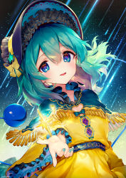 Rule 34 | 1girl, :d, adapted costume, ainy, alternate headwear, aqua nails, blue eyes, blush, bonnet, bow, capelet, commentary request, dress, frilled sleeves, frills, green capelet, green hair, hair between eyes, highres, komeiji koishi, long sleeves, looking at viewer, nail polish, open mouth, shooting star, short hair, smile, solo, third eye, touhou, upper body, wide sleeves, yellow bow, yellow dress