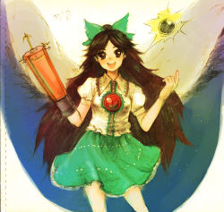 Rule 34 | 1girl, :d, arm cannon, black eyes, black hair, black sun, bow, female focus, hair bow, long hair, looking at viewer, open mouth, reiuji utsuho, smile, solo, sun, touhou, traditional media, usa (artist), usaki (ama), weapon