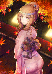 Rule 34 | 1boy, ass, autumn leaves, blush, closed mouth, commentary request, dress, floral print, from above, hair bun, highres, japanese clothes, kimono, lantern, leaf, long hair, looking at viewer, looking to the side, maple leaf, natsusora wakana, night, novady, obi, orange hair, original, outdoors, pantylines, pink kimono, print kimono, sash, see-through, see-through dress, sidelocks, single hair bun, smile, taut clothes, trap, wide sleeves, yellow eyes