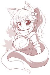Rule 34 | 1girl, animal ear fluff, animal ears, bell, blush, breasts, cleavage, commentary request, emurin, expressionless, fox ears, greyscale, guillotine cross (ragnarok online), hair bell, hair ornament, high ponytail, jingle bell, large breasts, leaf, leotard, long hair, looking at viewer, maple leaf, monochrome, official alternate costume, open mouth, ragnarok online, scarf, simple background, solo, upper body