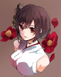 Rule 34 | 10s, 1girl, bare shoulders, black hair, breasts, brown background, camellia, expressionless, flower, from above, hair ornament, haori, japanese clothes, kantai collection, large breasts, lips, miwano rag, nontraditional miko, orange eyes, personification, petals, ragu (myan nyan), red flower, short hair, simple background, sleeveless, solo, yamashiro (kancolle)