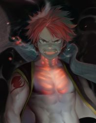 Rule 34 | 1boy, abs, bare pectorals, black vest, breath weapon, breathing fire, fairy tail, fire, looking at viewer, male focus, natsu dragneel, open clothes, open mouth, open vest, pectorals, pink hair, scarf, short hair, shoulder tattoo, solo, tattoo, tobu (bilibil), toned, toned male, unworn scarf, upper body, vest, white scarf