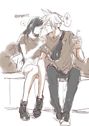 Rule 34 | 1boy, 1girl, arm hug, bare legs, burger, casual, closed mouth, cloud strife, couple, cup, disposable cup, drinking straw, feeding, final fantasy, final fantasy vii, food, full body, gogochi55, heart, highres, holding, holding cup, holding food, light blush, long hair, looking at another, monochrome, open mouth, outdoors, pants, shirt, short shorts, short sleeves, shorts, sitting, smile, speech bubble, spiked hair, spoken heart, square enix, swept bangs, tifa lockhart, twitter username, white background