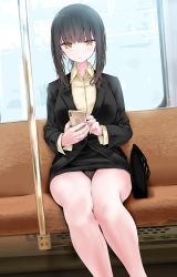 Rule 34 | 1girl, accidental exposure, bag, bare legs, bench, black hair, black panties, black skirt, black suit, blazer, blunt bangs, blush, breasts, brown eyes, brown hair, business suit, cellphone, closed mouth, collared shirt, commentary request, dress shirt, feet out of frame, formal, handbag, highres, holding, holding phone, jacket, lapels, large breasts, lingerie, long hair, long sleeves, looking at viewer, medium hair, miniskirt, nail polish, notched lapels, office lady, oouso, original, panties, pantyshot, pencil skirt, phone, pink nails, ponytail, shirt, sidelocks, sitting, skirt, smartphone, solo, suit, thighs, torn clothes, train interior, underwear, yellow shirt