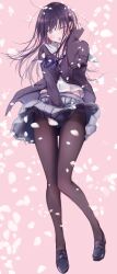 Rule 34 | 1girl, black hair, black pantyhose, blue eyes, blush, clothes lift, commentary request, covering privates, falling petals, full body, hair over eyes, highres, kirisawa saki, knees together feet apart, long hair, long sleeves, midriff peek, one eye closed, open mouth, original, pantyhose, petals, school uniform, simple background, skirt, skirt lift, solo, wind, wind lift