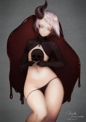 Rule 34 | 10s, 1girl, 2016, ambiguous red liquid, artist name, asymmetrical hair, bad id, bad pixiv id, black panties, bridal gauntlets, chain, closed mouth, collar, colored eyelashes, crop top, dated, dripping, flat chest, grey background, grey eyes, head tilt, highres, horns, long sleeves, lying, nana mikoto, on back, original, own hands together, panties, panty pull, signature, silver hair, single horn, skull, solo, thigh gap, underwear, wide hips