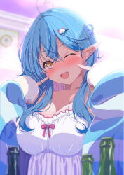 Rule 34 | 1girl, absurdres, ahoge, alcohol, blue hair, blue jacket, blurry, blurry background, blush, breasts, camisole, character hair ornament, cleavage, commentary request, crossed bangs, daifuku (yukihana lamy), dot nose, double-parted bangs, drunk, elf, fingers to cheek, frilled camisole, frills, glass bottle, hair between eyes, hair ornament, hairclip, heart, heart ahoge, highres, hololive, jacket, large breasts, long hair, long sleeves, looking at viewer, mimo (mimo illust), official alternate costume, official alternate hairstyle, one eye closed, open clothes, open jacket, open mouth, pajamas, pointy ears, sidelocks, sleepwear, sleeves past fingers, sleeves past wrists, smile, solo, striped clothes, striped jacket, upper body, virtual youtuber, white camisole, yellow eyes, yukihana lamy, yukihana lamy (loungewear)