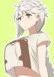 Rule 34 | 1girl, absurdres, alternate costume, blouse, blush, bokukawauso, braid, braided ponytail, breasts, crop top, crop top overhang, green background, highres, kantai collection, large breasts, long hair, masukuza j, shirt, short sleeves, simple background, single braid, solo, twitter username, unryuu (kancolle), upper body, white hair, white shirt, yellow eyes