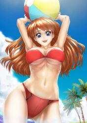 1girl alternate_breast_size arms_up artist_request ass ball bare_arms bare_legs bare_shoulders beach bikini blue_eyes blue_sky breasts brown_hair curvy day hair_between_eyes hand_in_own_hair happy highleg highleg_bikini highres holding holding_ball long_hair looking_at_viewer neon_genesis_evangelion red_bikini shiny_skin simple_background sky solo souryuu_asuka_langley swimsuit thong thong_bikini two_side_up wide_hips