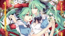 Rule 34 | 2girls, bad id, bad pixiv id, bow, bowtie, card, dual persona, earrings, fang, floating card, flower, green hair, hair ribbon, holding hands, hatsune miku, jewelry, long hair, multiple girls, open mouth, red eyes, ribbon, teapot, vocaloid, yuna (rutera)