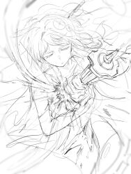 Rule 34 | 1girl, bridal veil, clock, clock print, closed eyes, closed mouth, dress, e.g.o (project moon), faust (project moon), highres, holding, holding weapon, limbus company, medium hair, monochrome, project moon, solo, thisisidealwaw, veil, weapon, wedding dress, white background