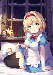 Rule 34 | 3girls, alice margatroid, apron, arm support, bed, black legwear, blonde hair, blue dress, blue eyes, blush, breasts, clothes lift, commentary request, dress, dress lift, flower, hairband, head tilt, indoors, lace trim, lens flare, lifted by self, long hair, looking at viewer, medium breasts, miyase mahiro, multiple girls, parted lips, pillow, puffy short sleeves, puffy sleeves, purple flower, red hairband, shanghai doll, short dress, short hair, short sleeves, sitting, smile, thighhighs, thighs, touhou, white apron, window, yellow flower, yokozuwari, zettai ryouiki