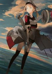 Rule 34 | 1girl, aqua eyes, bad id, bad pixiv id, black thighhighs, blue eyes, cannon, cloud, cloudy sky, cross, damaged, dutch angle, evening, gloves, grabbing own arm, gun, hat, iron cross, kantai collection, looking away, looking to the side, machinery, military, military uniform, narotake, ocean, orange hair, outdoors, peaked cap, prinz eugen (kancolle), single glove, skirt, sky, solo, standing, thighhighs, torn clothes, torpedo, trigger discipline, twintails, uniform, water, weapon, white gloves