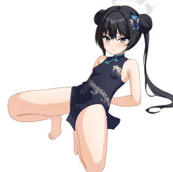 Rule 34 | 1girl, arms behind back, bare legs, bare shoulders, barefoot, black hair, blue archive, blush, breasts, butterfly hair ornament, china dress, chinese clothes, closed mouth, double bun, dragon print, dress, eyelashes, grey eyes, hair between eyes, hair bun, hair ornament, halo, highres, kisaki (blue archive), leaning back, loveqilaikui, pelvic curtain, pout, print dress, resolution mismatch, small breasts, solo, source smaller, spread legs, squatting, thighs, twintails, v-shaped eyebrows