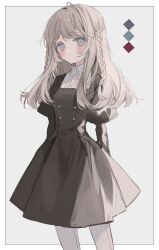 Rule 34 | 1girl, absurdres, arms behind back, black dress, blue eyes, blush, braid, closed mouth, commentary, dress, grey background, highres, kyuumura, long hair, long sleeves, looking at viewer, original, pantyhose, puffy sleeves, solo, symbol-only commentary, white hair, white pantyhose