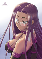 Rule 34 | 1girl, :&lt;, artist name, back, bare back, bare shoulders, black dress, black gloves, blush, breasts, bridal gauntlets, choker, closed mouth, collarbone, dress, elbow gloves, fate/stay night, fate (series), female focus, from above, glasses, gloves, gradient background, grey eyes, highres, kami mitsugu (kamiken), large breasts, long hair, looking at viewer, looking back, looking up, medusa (fate), medusa (rider) (fate), no blindfold, purple choker, purple hair, solo, square pupils, strapless, strapless dress, symbol-shaped pupils, type-moon, upper body, very long hair