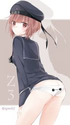 Rule 34 | 10s, 1girl, ass, baymax, big hero 6, blush, brown eyes, brown hair, butt crack, character name, crossover, flat ass, from behind, hat, kantai collection, leaning forward, long sleeves, looking back, neckerchief, panties, print panties, sailor collar, sailor hat, shijima (sjmr02), short hair, silhouette, solo, twitter username, underwear, white panties, z3 max schultz (kancolle)