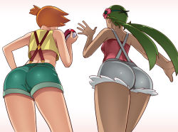 Rule 34 | 2girls, ass, breasts, creatures (company), crop top, dark-skinned female, dark skin, flower, from behind, from below, game freak, green hair, hair flower, hair ornament, holding, holding poke ball, legs together, long hair, mallow (pokemon), medium breasts, misty (pokemon), multiple girls, nintendo, orange hair, poke ball, pokemon, pokemon (anime), pokemon (classic anime), pokemon sm, pokemon sm (anime), shorts, side ponytail, simple background, standing, suspenders, twintails, wanao, white background