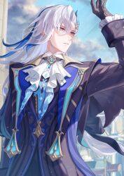 Rule 34 | 1boy, arm up, ascot, asymmetrical bangs, black gloves, blue coat, blue gemstone, blue hair, blue sky, blurry, blurry background, brooch, building, buttons, cloud, coat, commentary request, day, floating hair, frilled sleeves, frills, gem, genshin impact, gloves, gold trim, hair between eyes, hair ornament, highres, jewelry, lapels, long hair, long sleeves, looking to the side, low-tied long hair, male focus, multicolored hair, neuvillette (genshin impact), outdoors, pamu (pamu oekk), parted bangs, parted lips, purple eyes, sky, sleeve cuffs, solo, streaked hair, very long hair, white ascot, white hair
